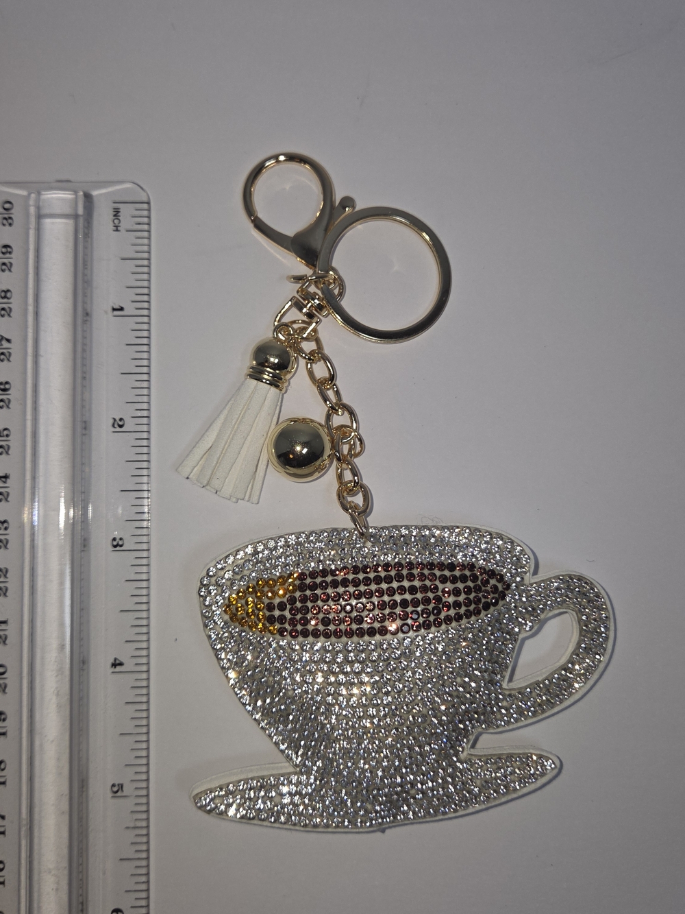 Crystal Teacup Keychain Charm in White and Gold
